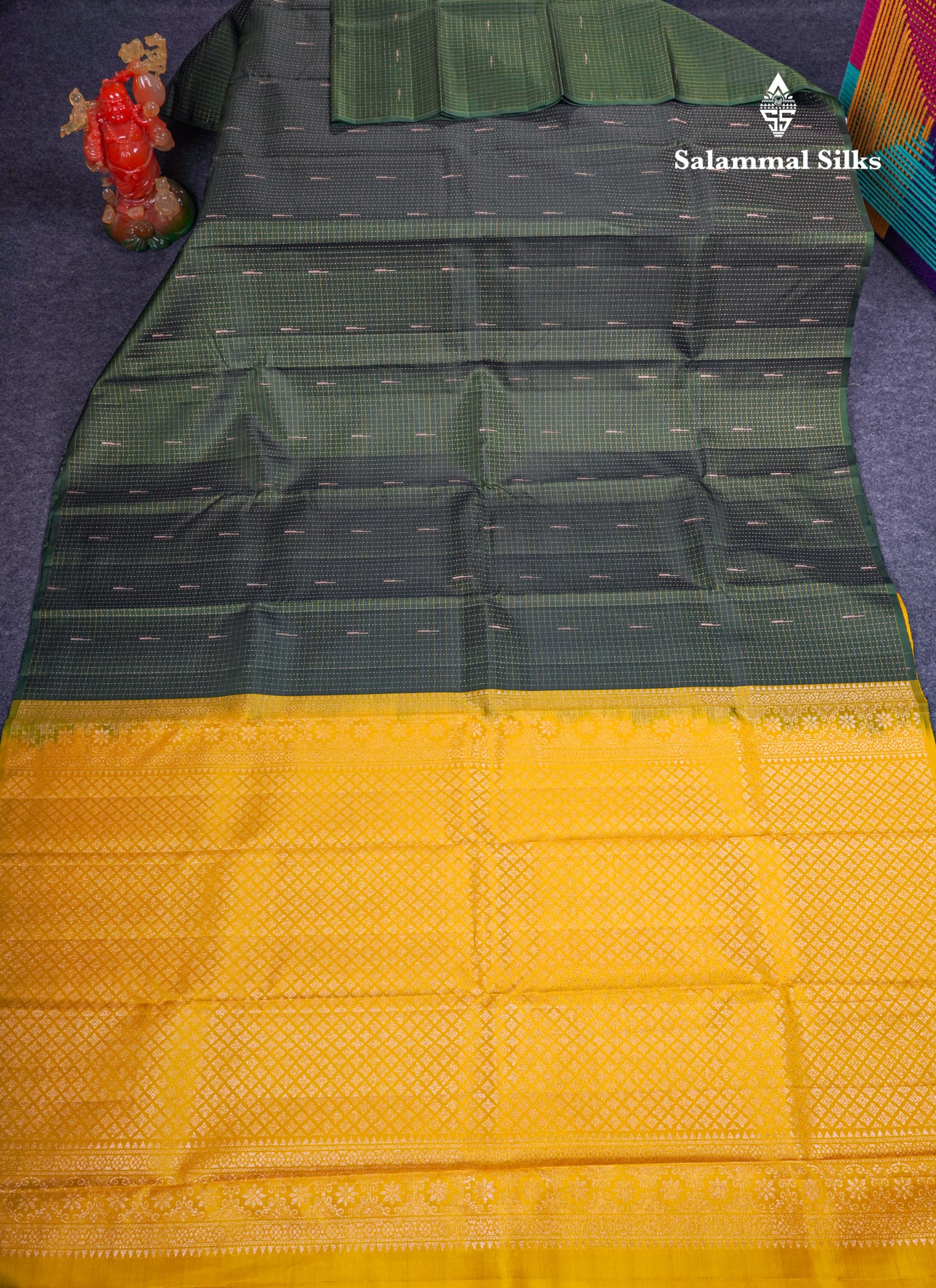 Beautiful Bottle Green Fancy Pure Kanjivaram Silk Saree With Contrast Mustard Yellow Blouse