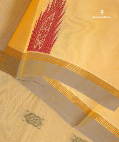 Pure Cotton Saree - Cream Yellow Colour Body Thread Work Butta With Temple Border