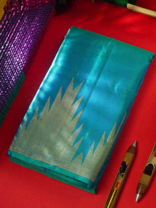 Dual tone Peacock Blue Pure Kanjivaram Silk Saree with Traditional Temple Border