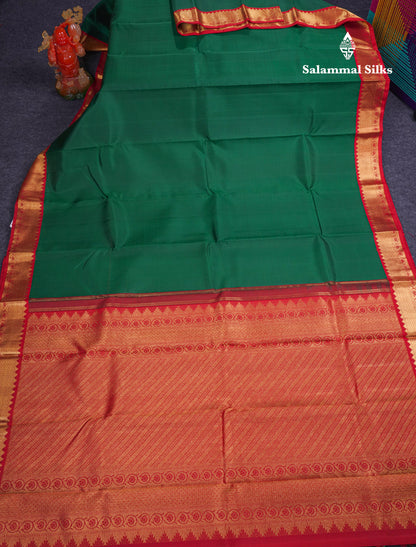 Beautiful Korvai Bottle Green Plain Pure Kanjivaram Silk Saree With Contrast Maroon Medium Traditional Border