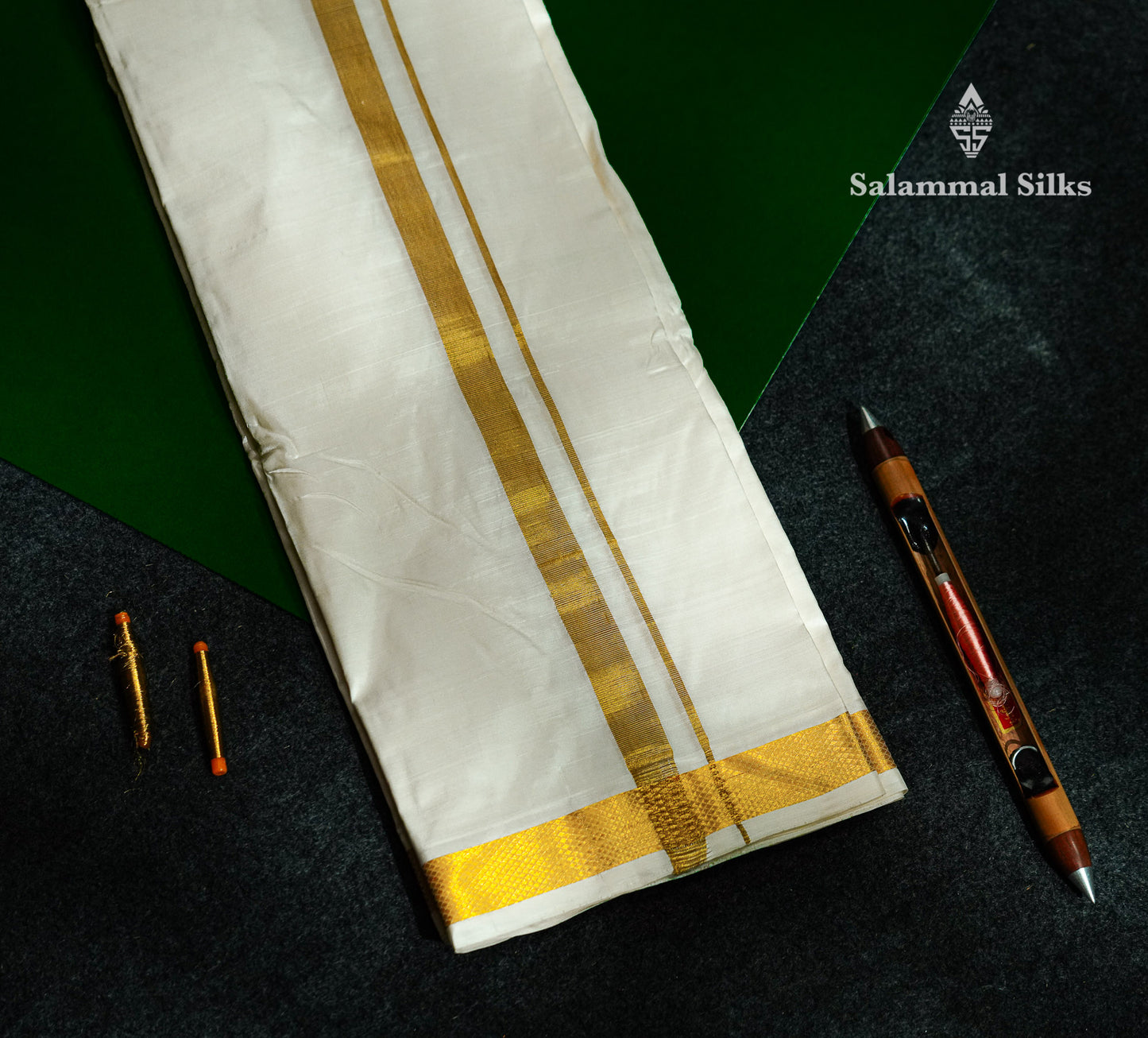 Beautiful Cream White Pure Silk (8x4)Dhoti With Gold Zari Border