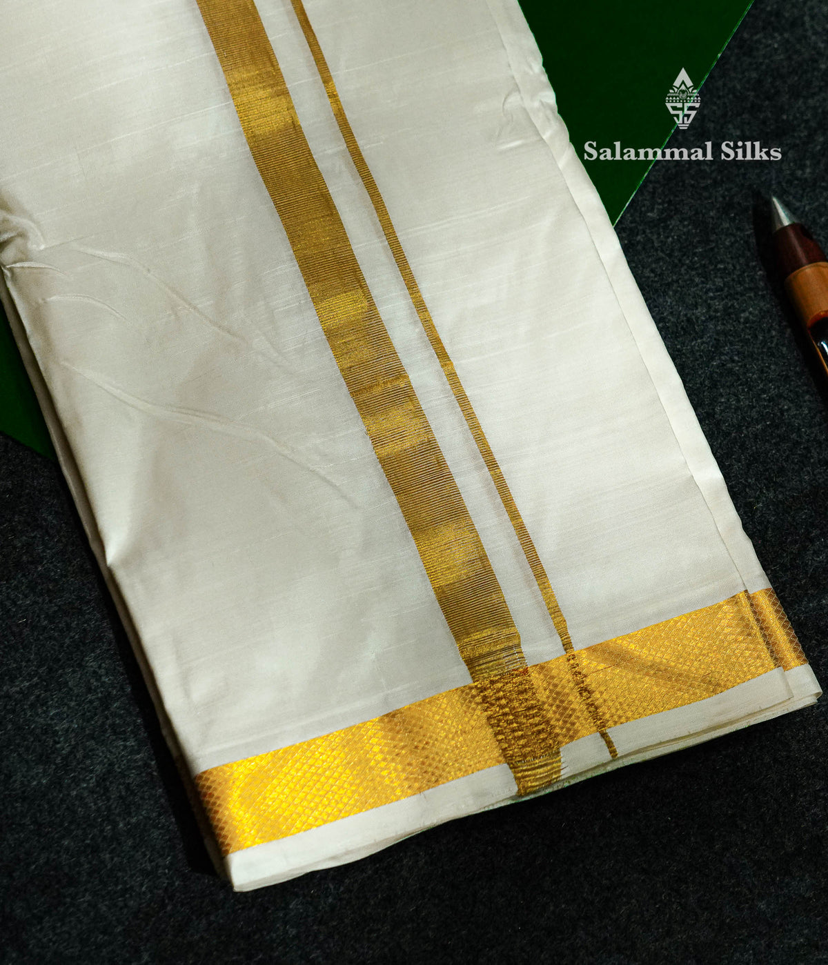 Beautiful Cream White Pure Silk (8x4)Dhoti With Gold Zari Border