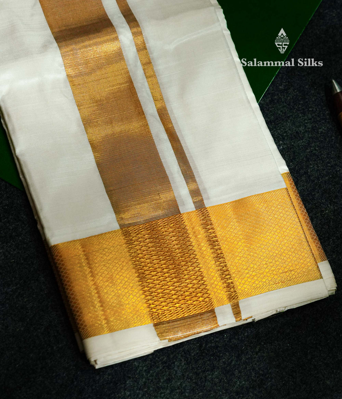 White Pure Silk Dhoti, Angavastram & with Gold Zari Border