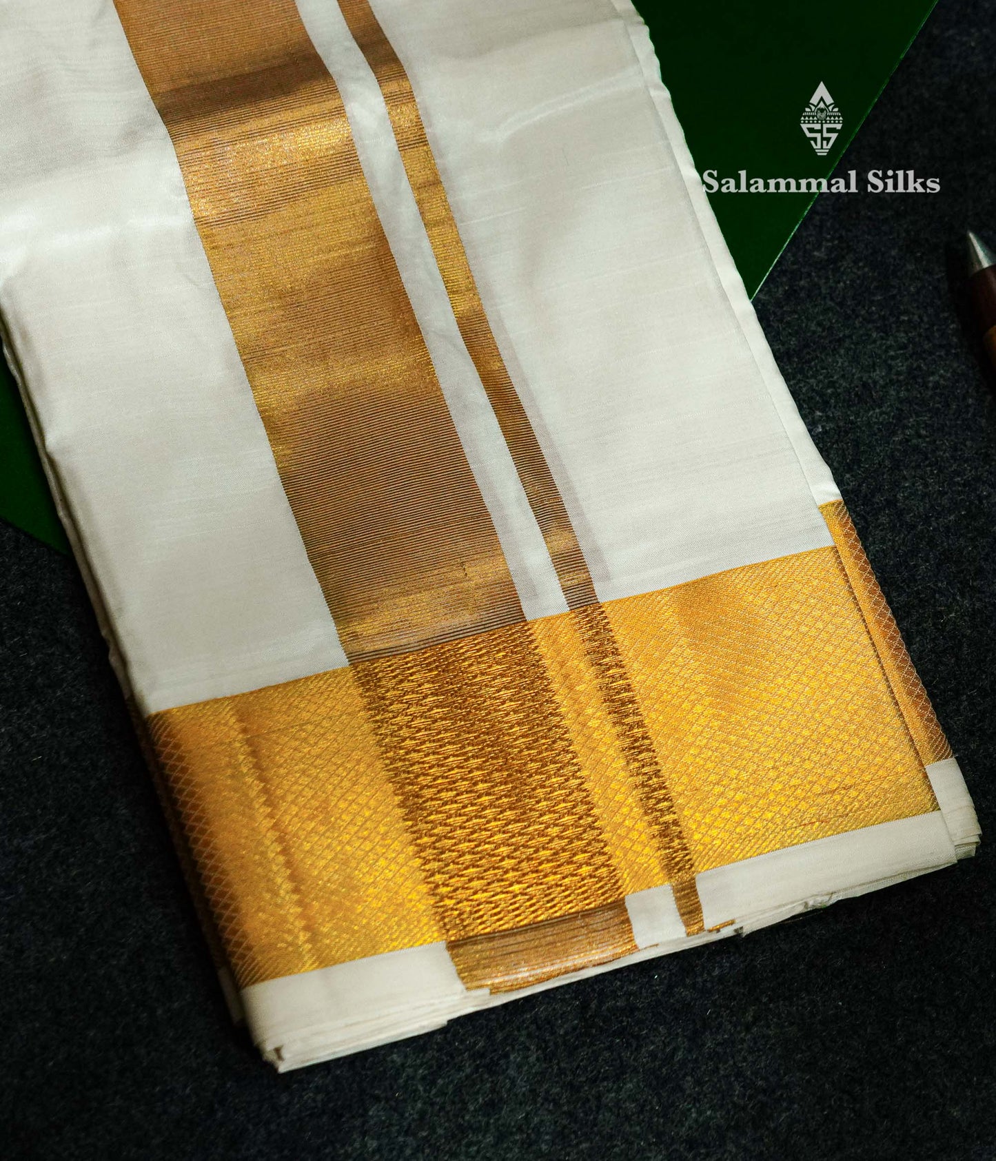 White Pure Silk Dhoti, Angavastram & with Gold Zari Border