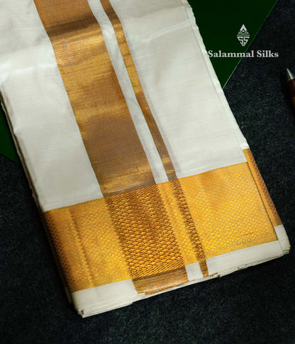 White Pure Silk Dhoti, Angavastram & with Gold Zari Border