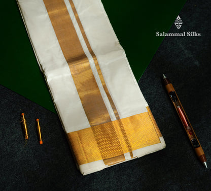 White Pure Silk Dhoti, Angavastram & with Gold Zari Border