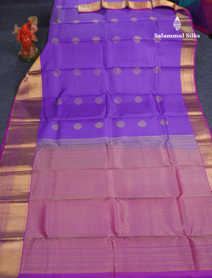 Violet Small Checks Pure Kanjivaram Silk Saree With Contrast Vadamalli Evening Morning Border
