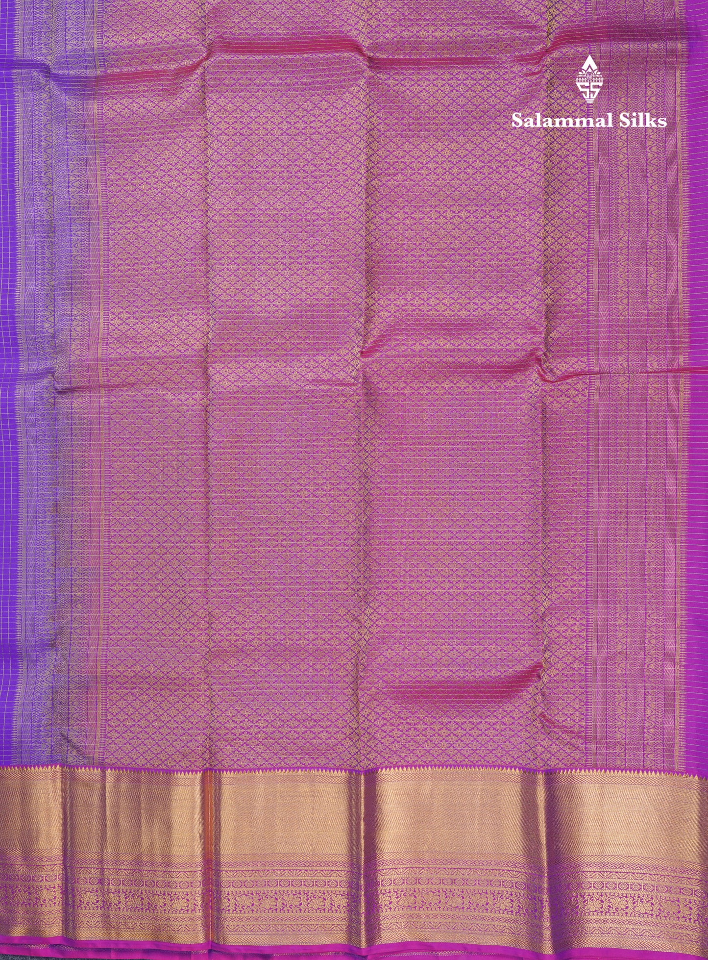 Violet Small Checks Pure Kanjivaram Silk Saree With Contrast Vadamalli Evening Morning Border