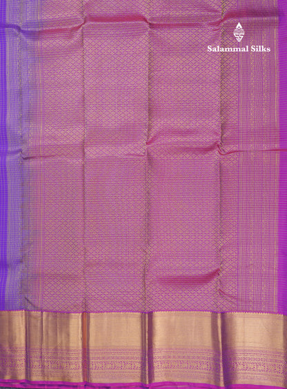 Violet Small Checks Pure Kanjivaram Silk Saree With Contrast Vadamalli Evening Morning Border