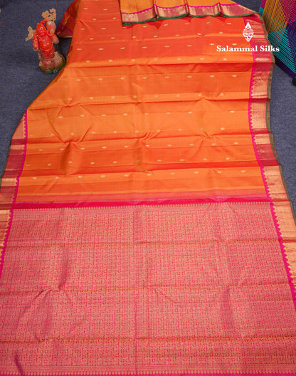 Beautiful Mango Yellow Vaira Oosi Lines With Butta Pure Kanjivaram Silk Saree With Contrast Pink Traditional Medium Border