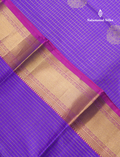 Violet Small Checks Pure Kanjivaram Silk Saree With Contrast Vadamalli Evening Morning Border