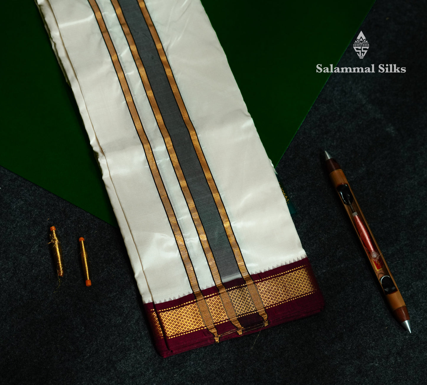 White Pure Silk Dhoti, Angavastram & with Kanga Jamuna Border