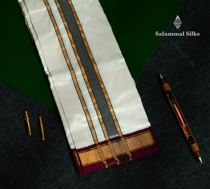 White Pure Silk Dhoti, Angavastram & with Kanga Jamuna Border
