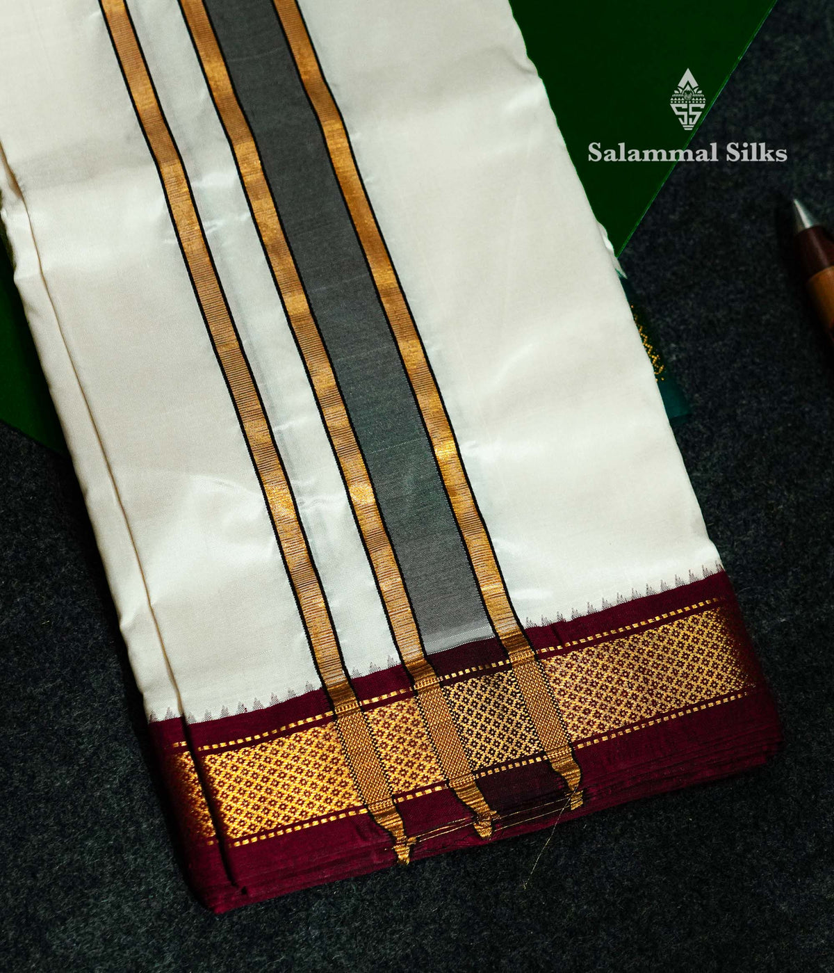 White Pure Silk Dhoti, Angavastram & with Kanga Jamuna Border