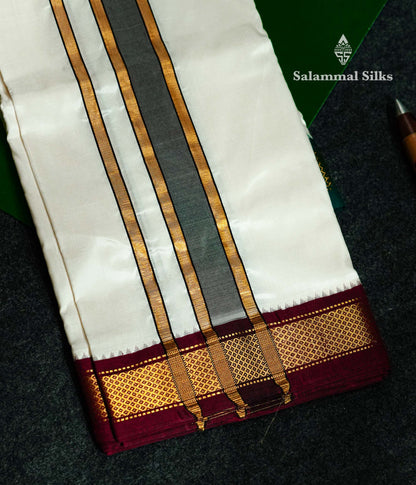 White Pure Silk Dhoti, Angavastram & with Kanga Jamuna Border