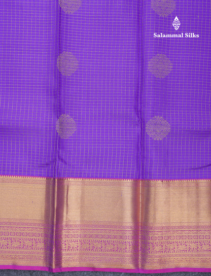 Violet Small Checks Pure Kanjivaram Silk Saree With Contrast Vadamalli Evening Morning Border