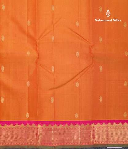 Beautiful Mango Yellow Vaira Oosi Lines With Butta Pure Kanjivaram Silk Saree With Contrast Pink Traditional Medium Border