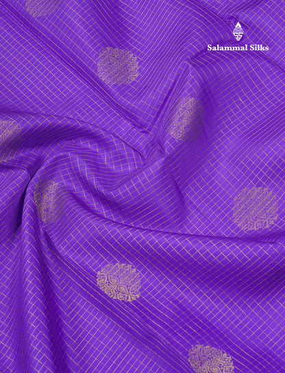 Violet Small Checks Pure Kanjivaram Silk Saree With Contrast Vadamalli Evening Morning Border