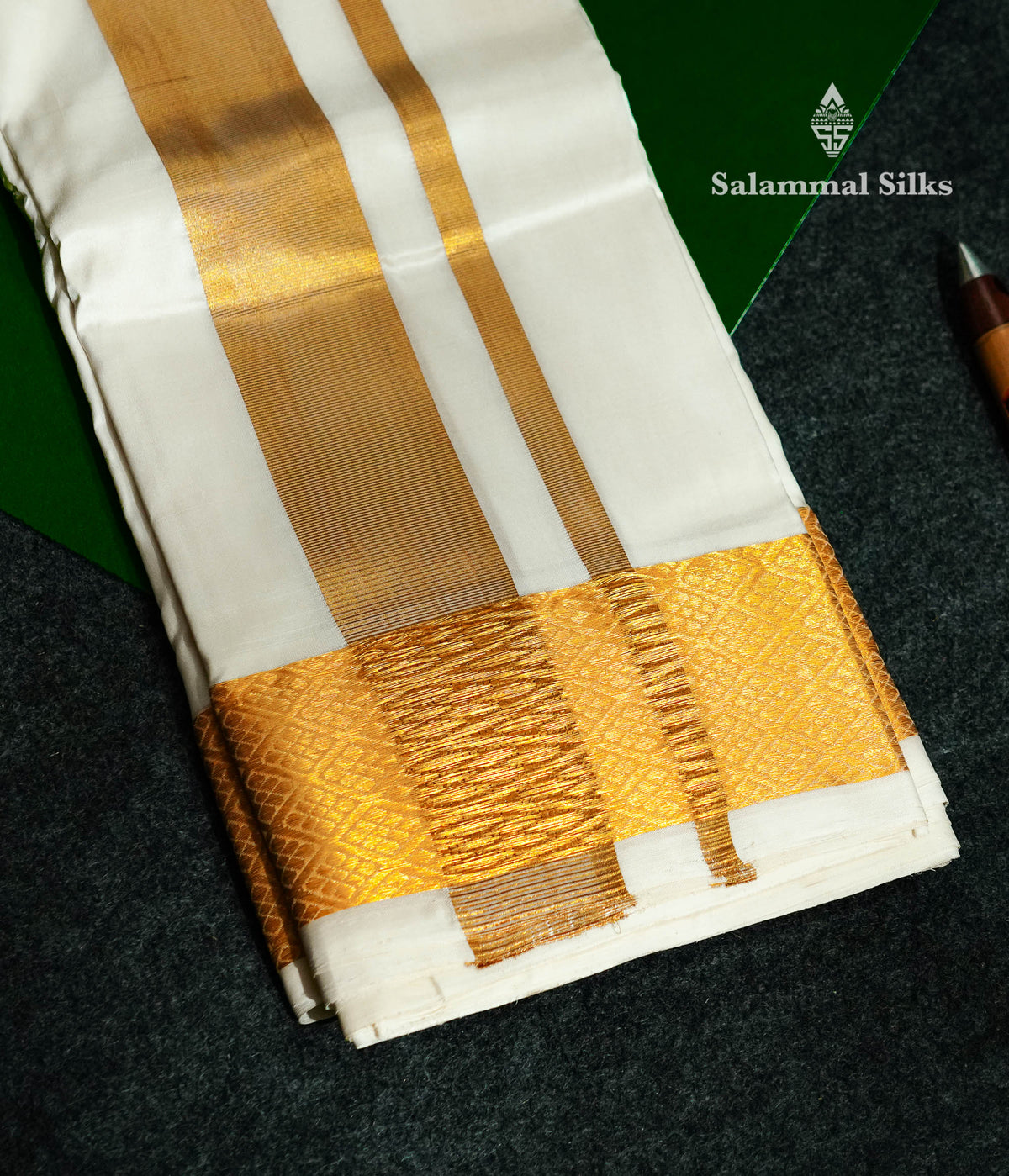 Cream White Pure Silk Dhoti (8x4) Yards with Gold Zari Border