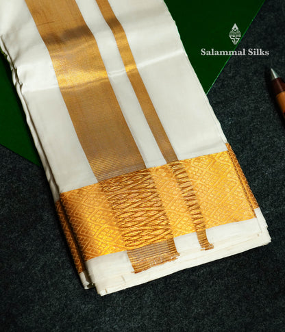 Cream White Pure Silk Dhoti (8x4) Yards with Gold Zari Border