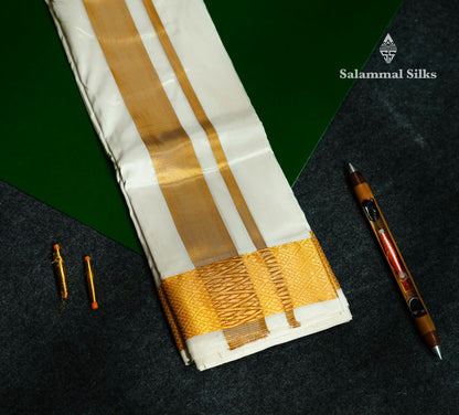 Cream White Pure Silk Dhoti (8x4) Yards with Gold Zari Border
