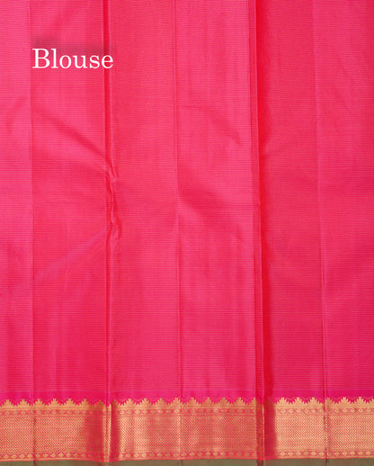 Beautiful Mango Yellow Vaira Oosi Lines With Butta Pure Kanjivaram Silk Saree With Contrast Pink Traditional Medium Border