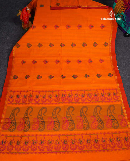 Pure Cotton Saree - Orange Colour Body Thread Work Butta With Blouse