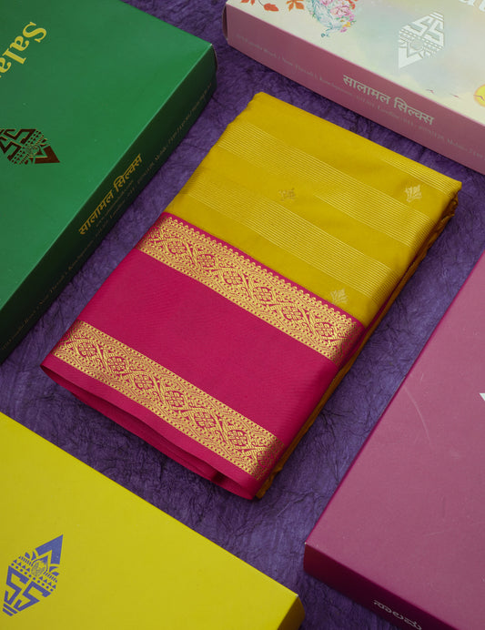 Mustard Yellow Vaira Oosi Butta Semi Silk Saree With Contrast Pink Gap Border