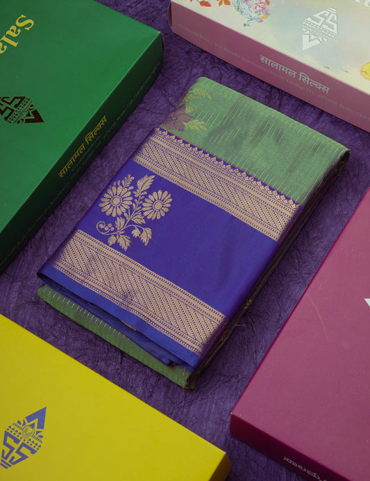 Dual Tone Green Shade Semi Silk Saree With Contrast Violet Border