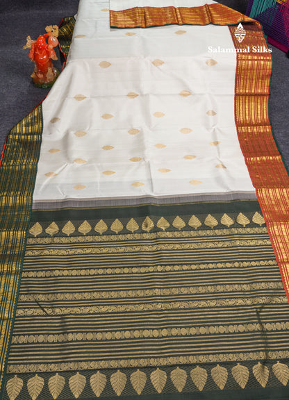White Pure Kanjivaram Silk Saree With Contrast Ganga Jamuna Traditional Border