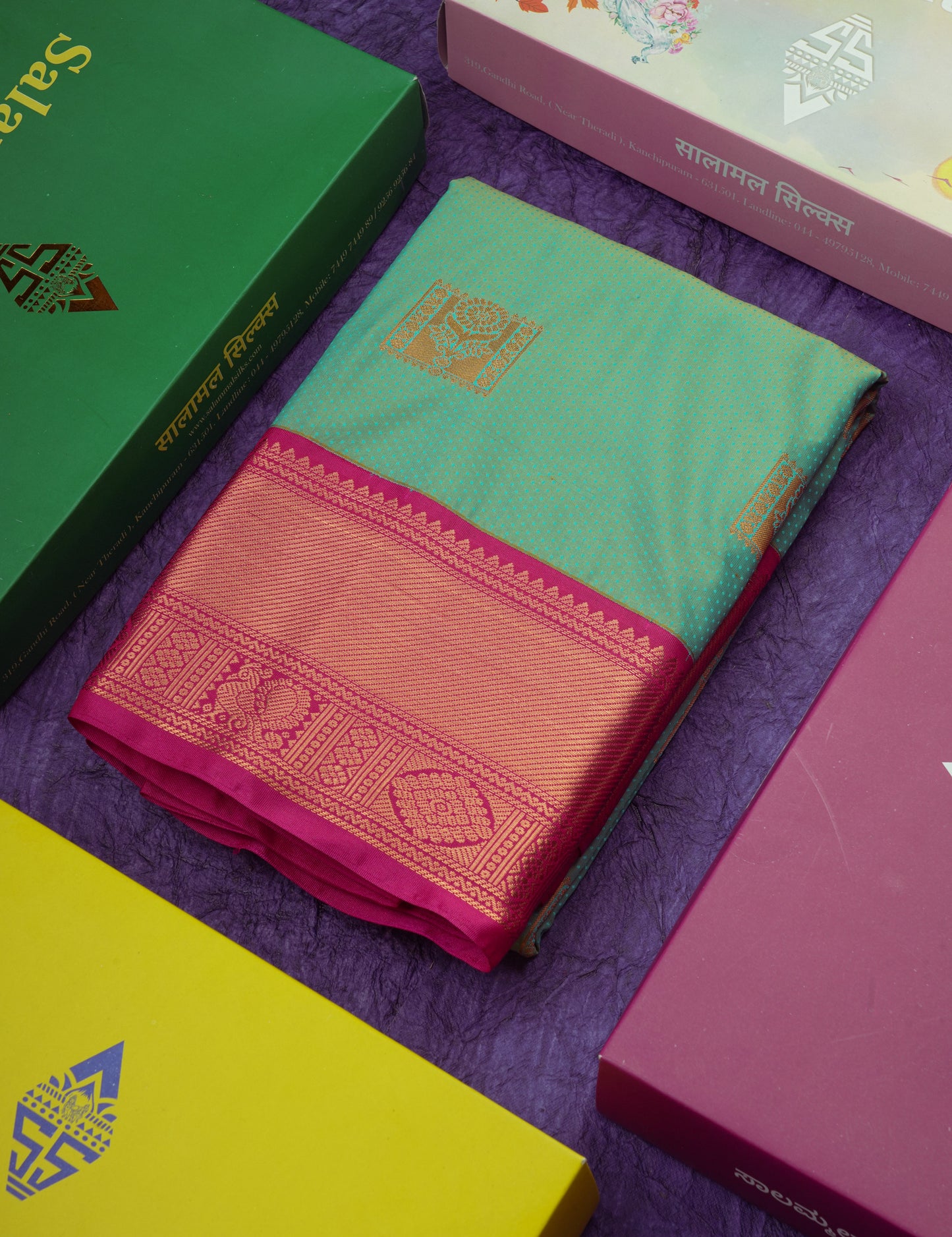 Dual Tone Pastel Blue Semi Silk Saree With Contrast Pink Border