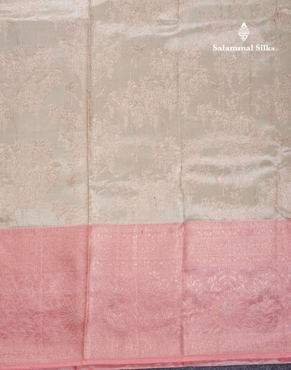 Beautiful Half White Tissue Bridal Pure Kanjivaram Silk Saree With Contrast Peach Fancy Evening Morning Border