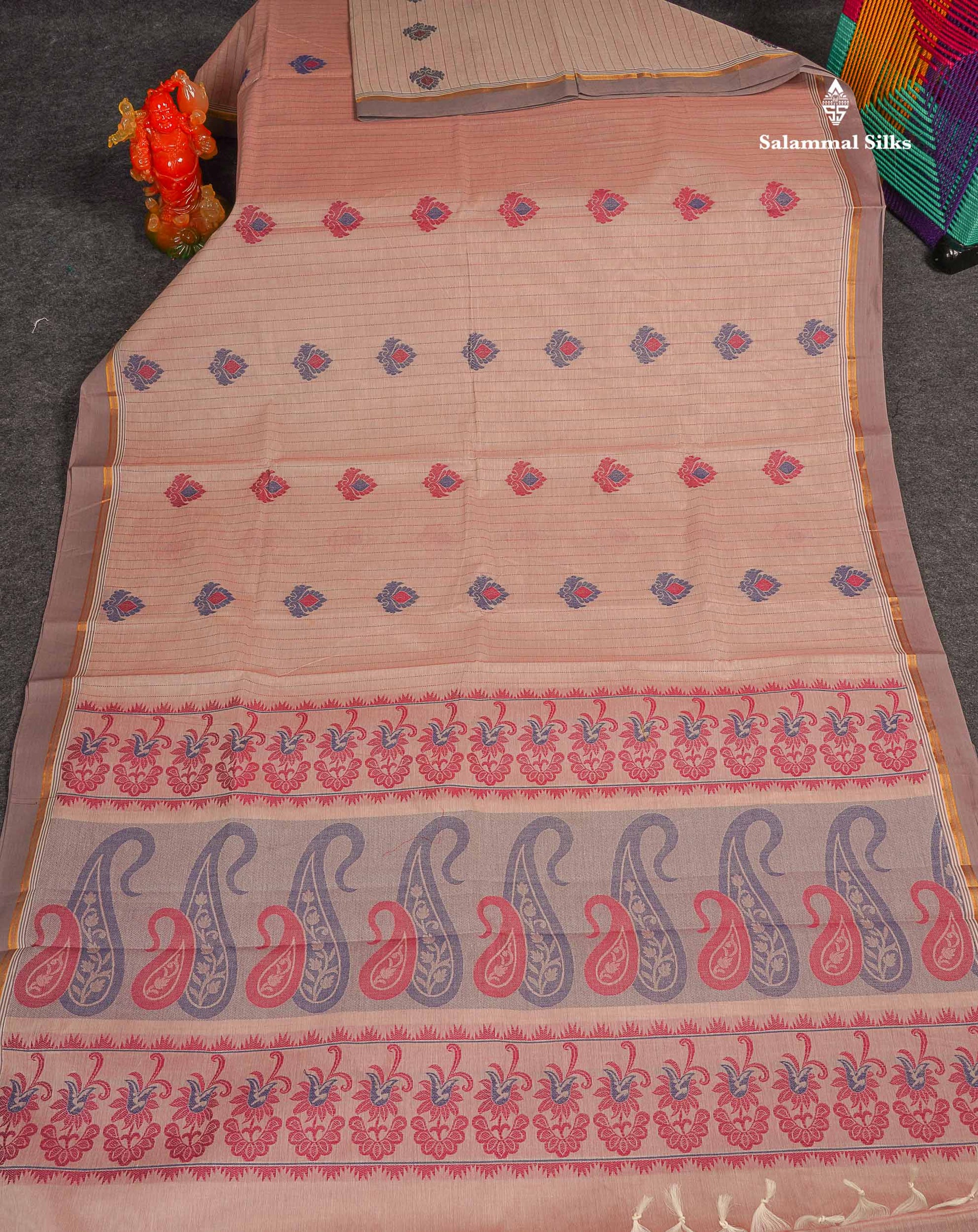 Pure Cotton Saree - Peach Pink Colour Body Thread Work Butta With Blouse