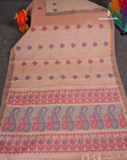 Pure Cotton Saree - Peach Pink Colour Body Thread Work Butta With Blouse