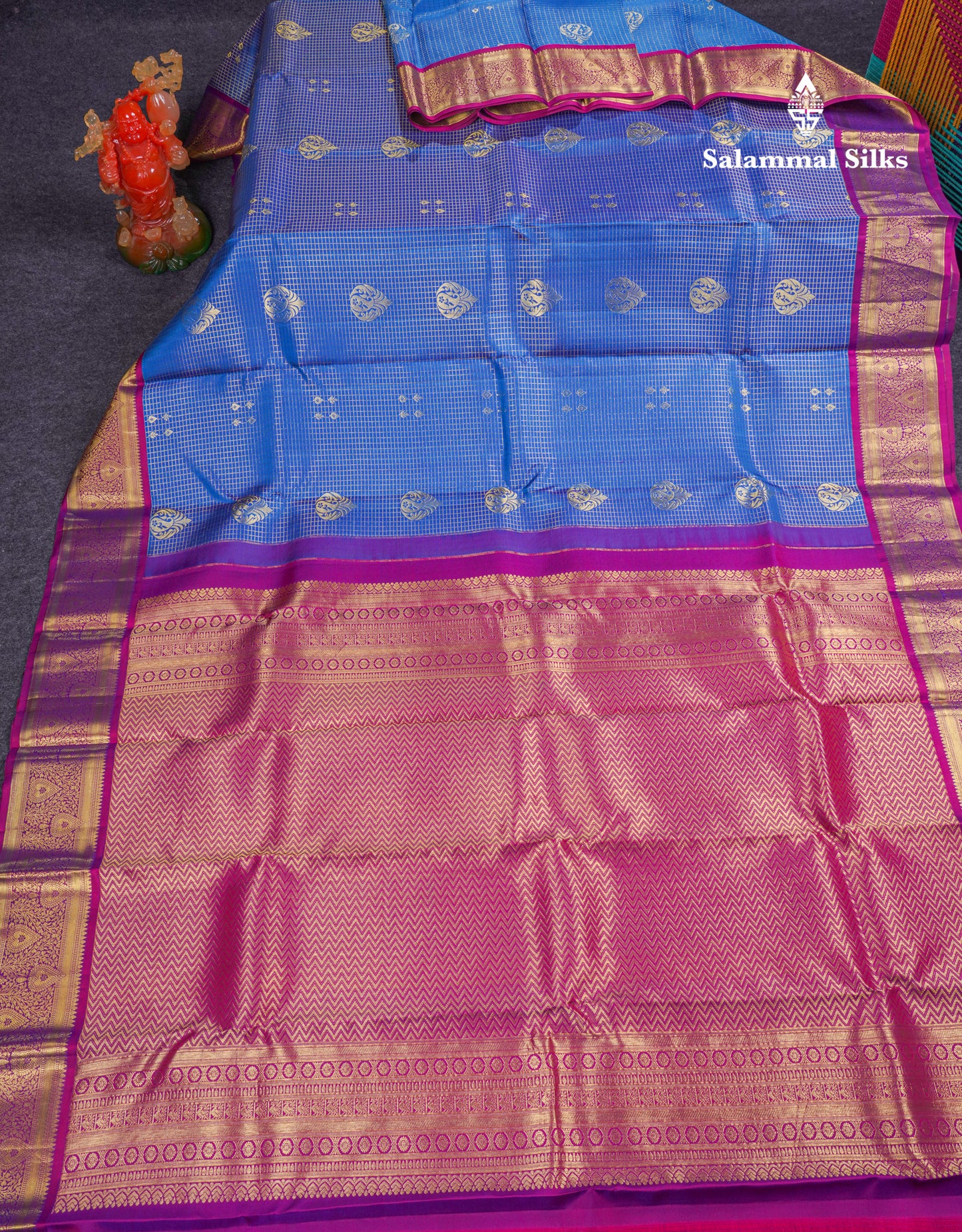 Beautiful Anandha Blue Pure Kanjivaram Silk Saree With Contrast Magenta Traditional Border