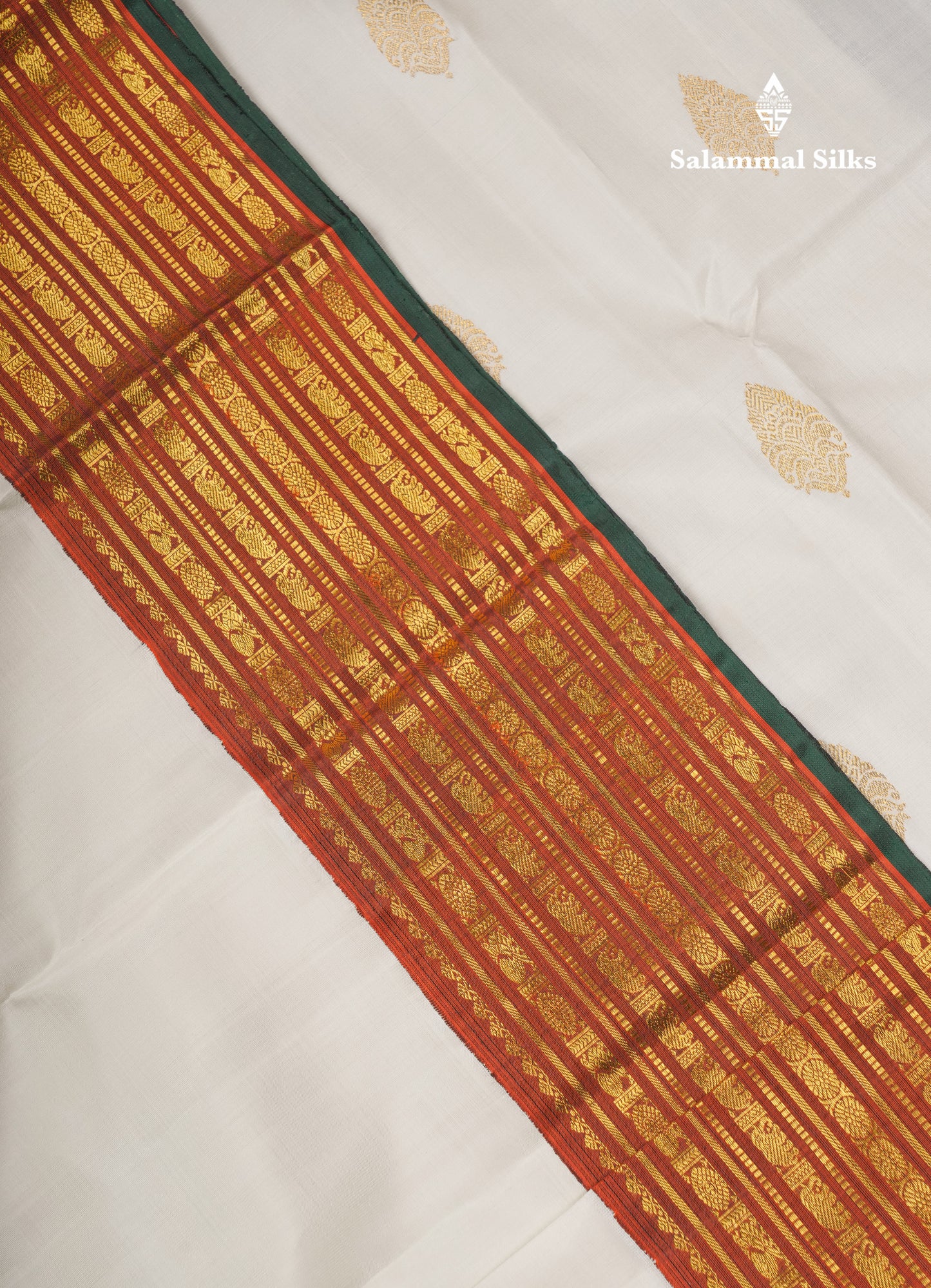 White Pure Kanjivaram Silk Saree With Contrast Ganga Jamuna Traditional Border