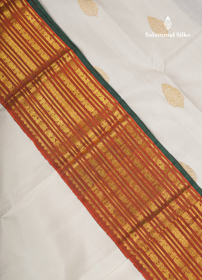 White Pure Kanjivaram Silk Saree With Contrast Ganga Jamuna Traditional Border