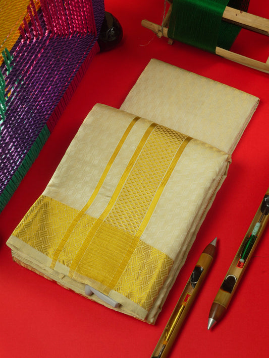 Sandal Colour Pure Silk Dhoti, Angavastram & Shirt (2.50M) with Gold Zari Border
