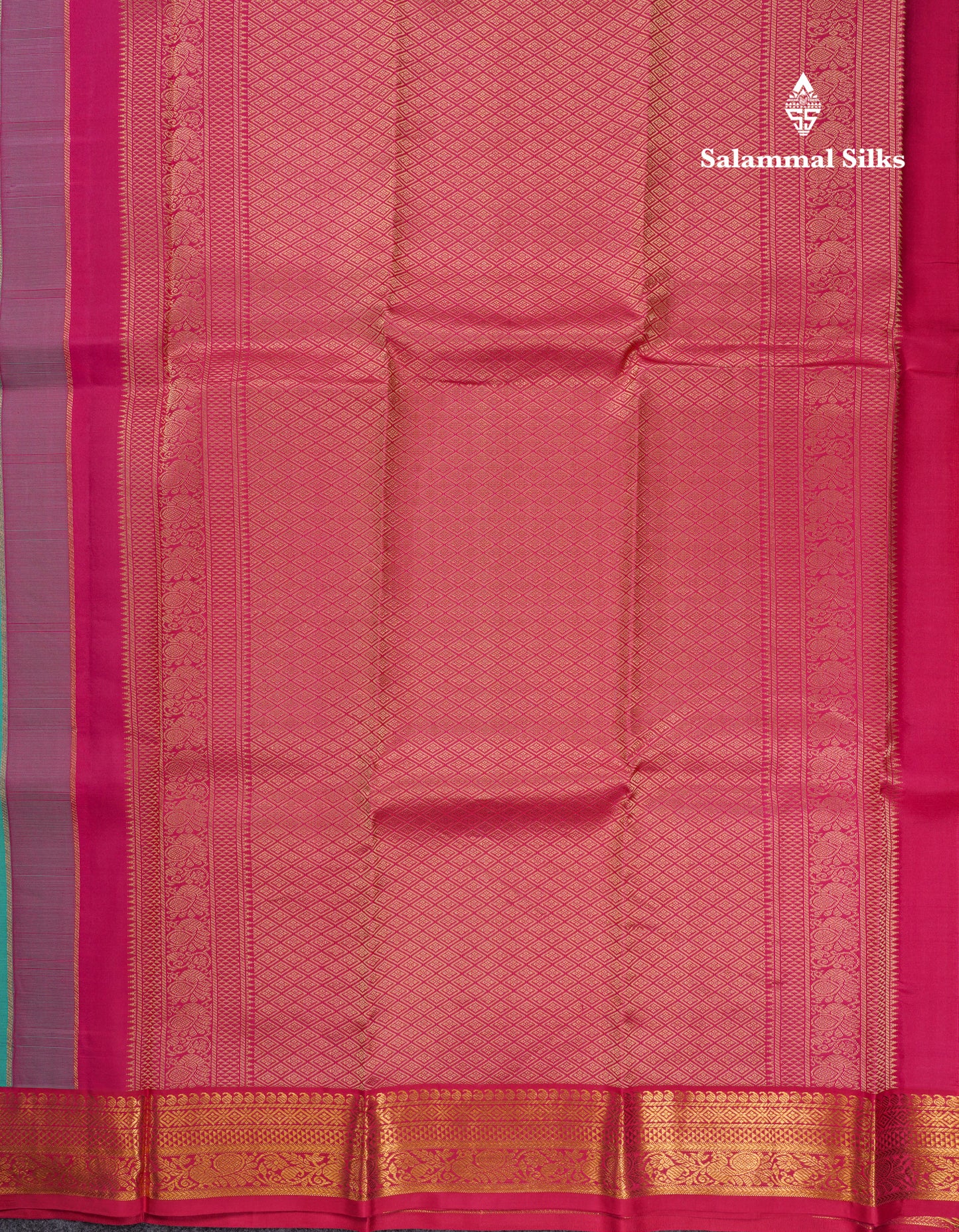 Sapphire Green Vaira Oosi Pure Kanjivaram Silk Saree With Contrast Pink Small Border