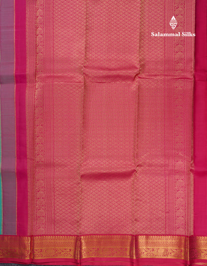 Sapphire Green Vaira Oosi Pure Kanjivaram Silk Saree With Contrast Pink Small Border