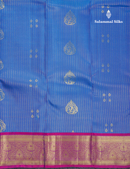Beautiful Anandha Blue Pure Kanjivaram Silk Saree With Contrast Magenta Traditional Border