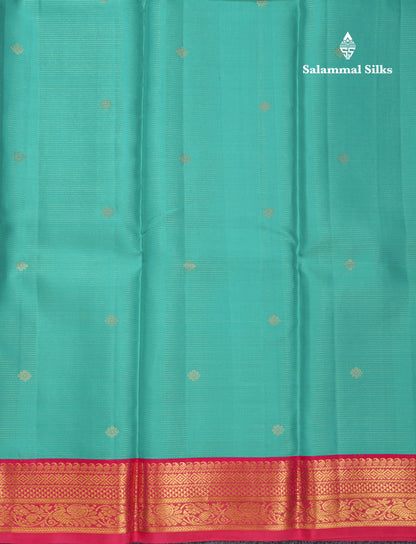 Sapphire Green Vaira Oosi Pure Kanjivaram Silk Saree With Contrast Pink Small Border