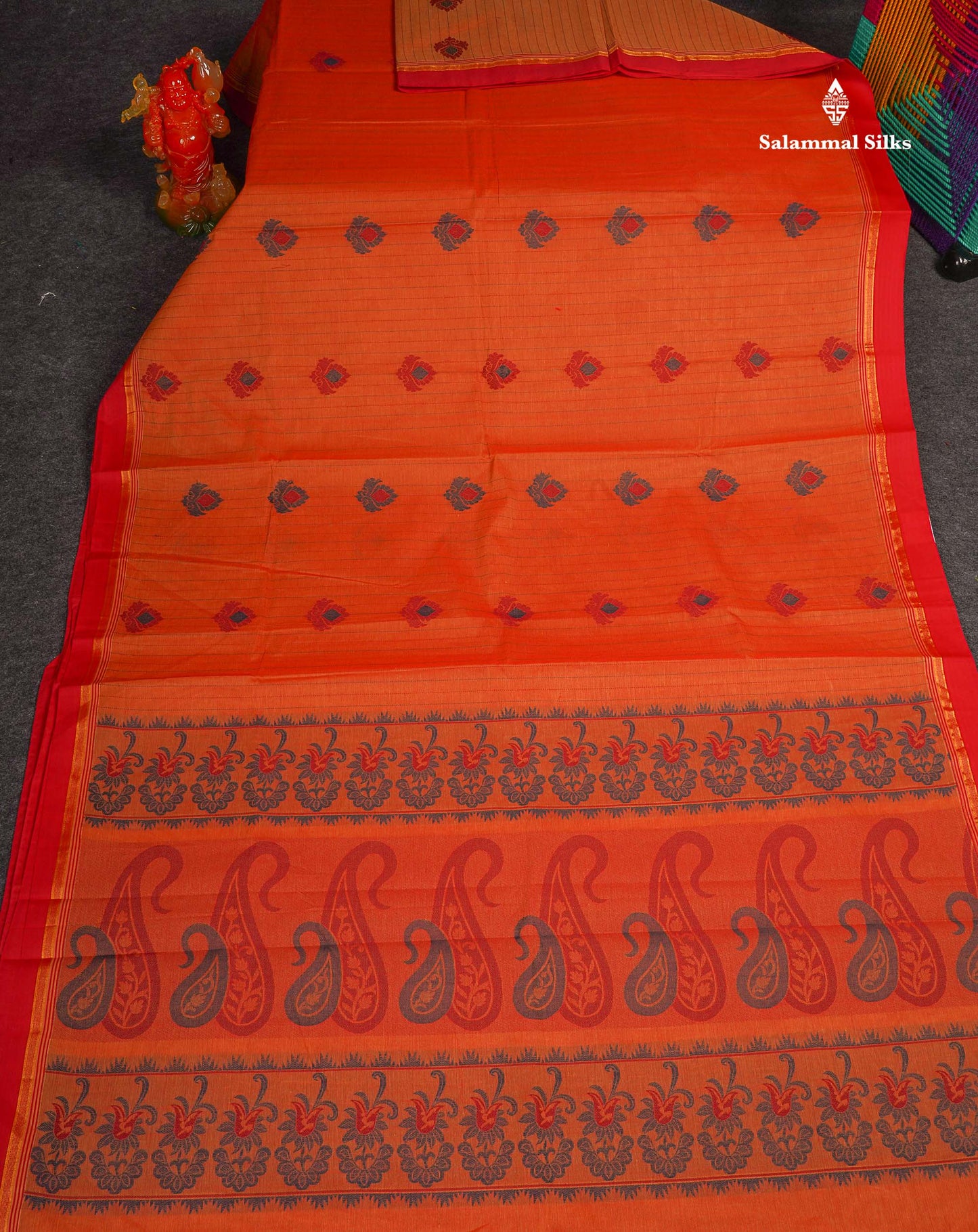 Pure Cotton Saree - Dual Tone Orange Colour Body Thread Work Butta With Blouse