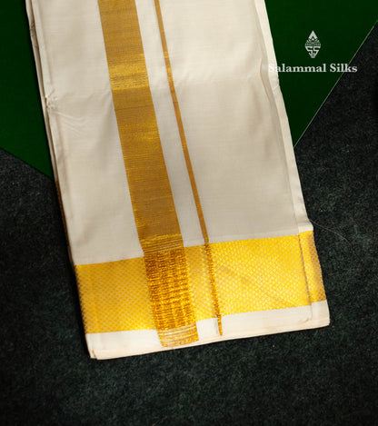Beautiful Cream Pure Silk 8 Muzham Dhoti with Gold Zari Border