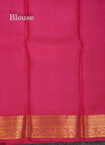 Sapphire Green Vaira Oosi Pure Kanjivaram Silk Saree With Contrast Pink Small Border