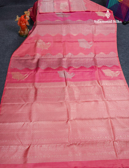 Dual Tone Pinkish Peach Fancy Pure Kanjivaram Silk Saree With Blouse