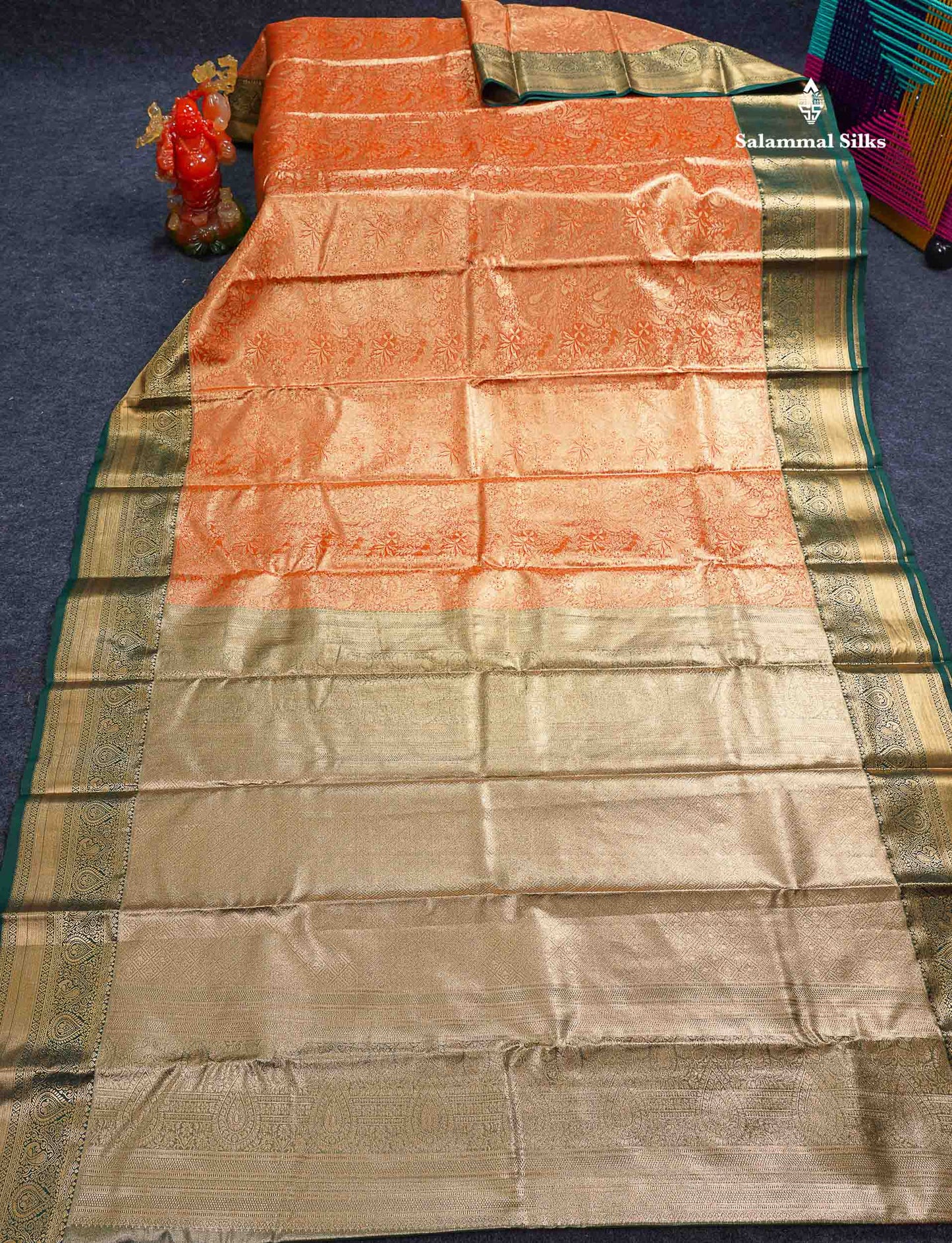 Beautiful Orange Tissue Bridal Semi Silk Saree With Contrast Bottle Green Traditional Border