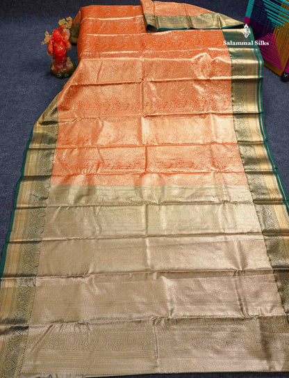 Beautiful Orange Tissue Bridal Semi Silk Saree With Contrast Bottle Green Traditional Border