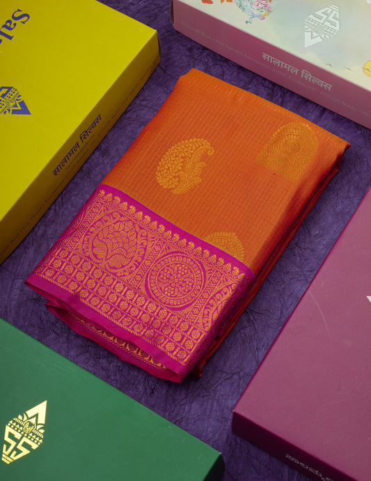 Orange Tiny Zari Checks Semi Silk Saree With Contrast Pink Border