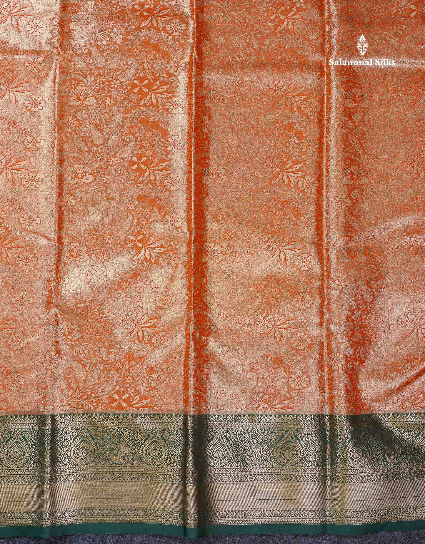 Beautiful Orange Tissue Bridal Semi Silk Saree With Contrast Bottle Green Traditional Border